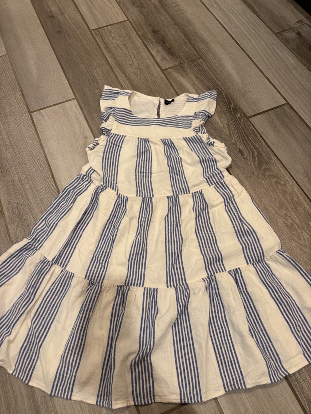J. Crew Blue and White Striped Ruffle Tiered Dress